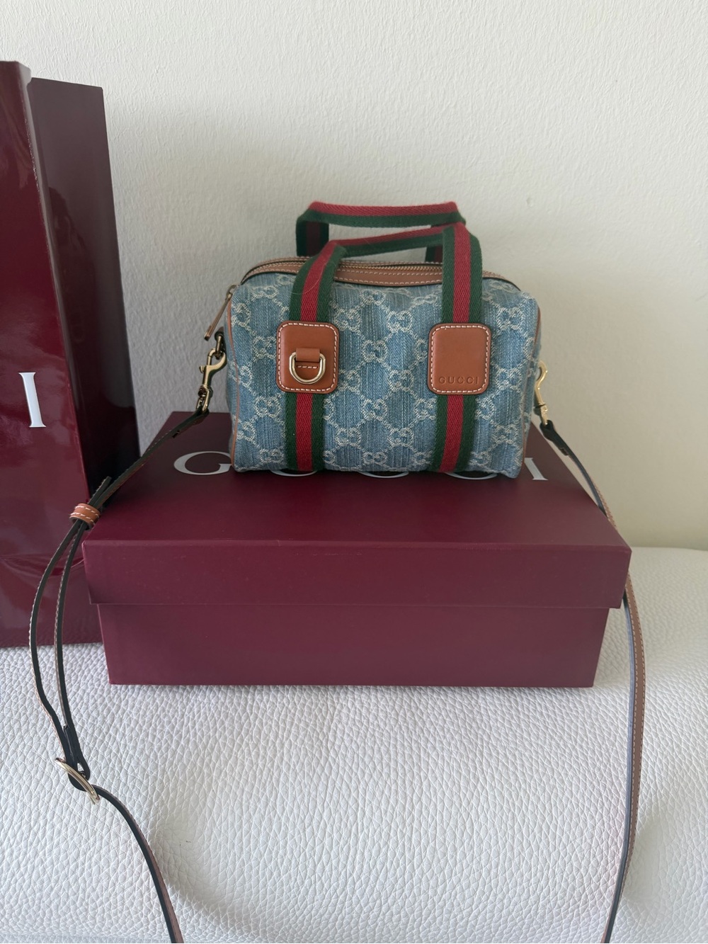 Gucci GG Denim Mini Boston Bag Light Blue Web Stripe Crossbody WOW